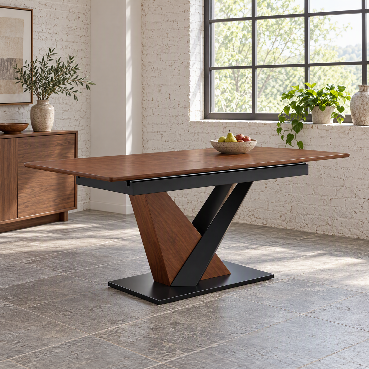 Modern Dining Table MDF Solid Wood Veneer Natural Texture Scratch-Resistant Cross Geometric Metal Legs Dark Walnut Dining Table) — Dark Walnut
