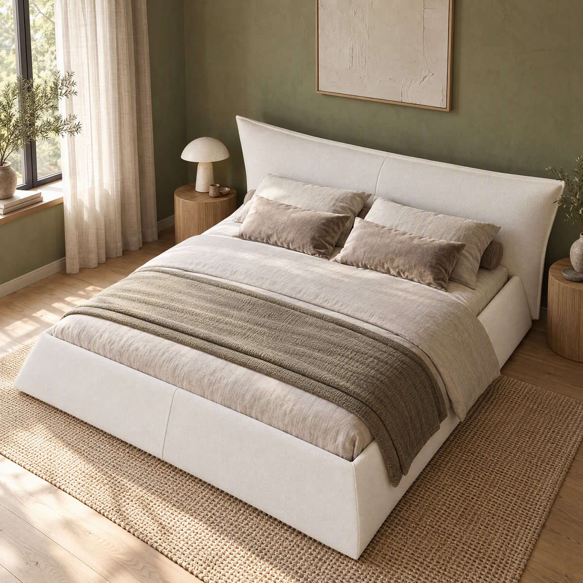 King Size Upholstered Platform Bed with Special Shaped Velvet Headboard, Metal & Solid Wood Frame — Beige/White + Velvet + King