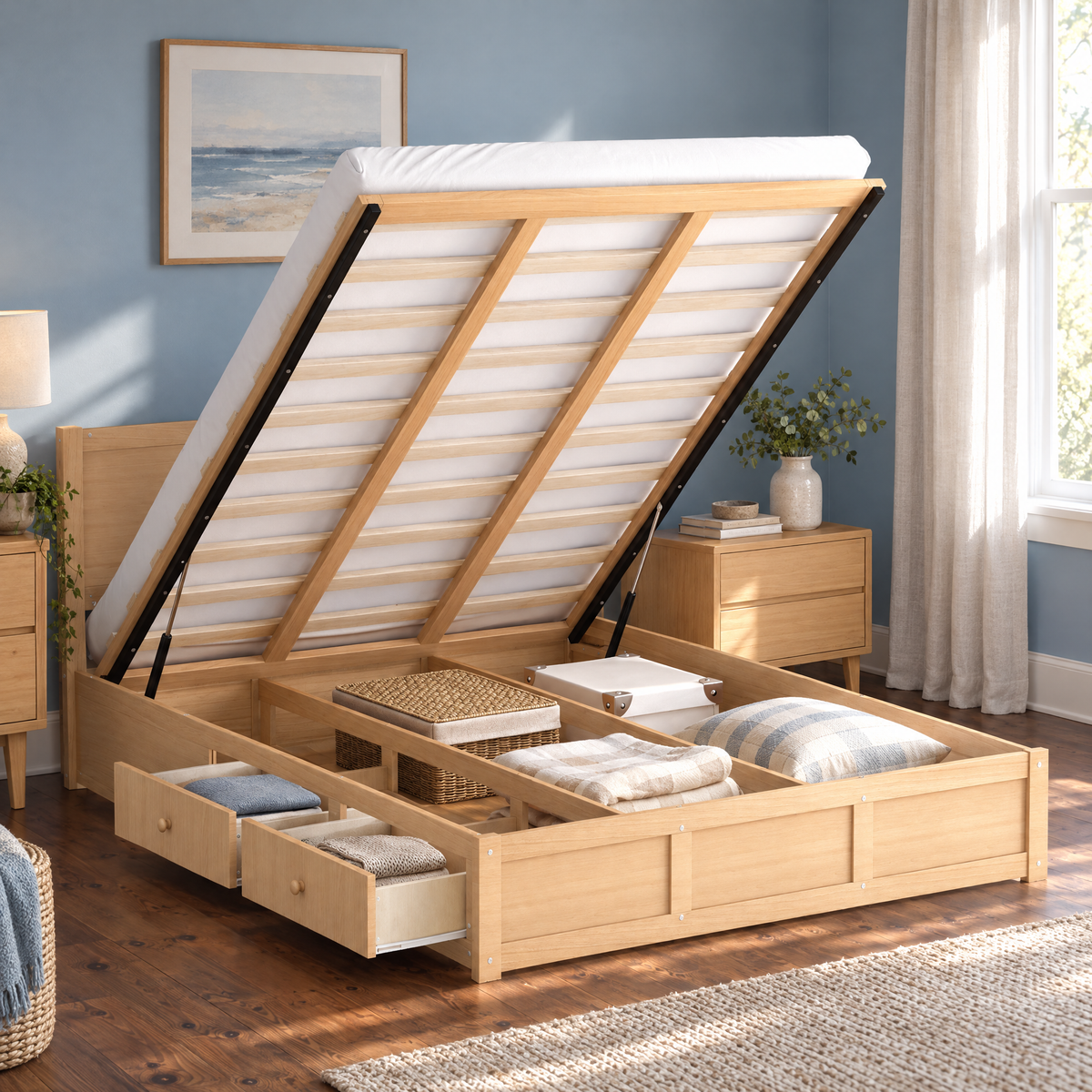 Queen Size Solid Wood Adjustable Platform Bed with Underneath Storage and 2 Drawers Modern Minimalist Eco-Friendly Design — 