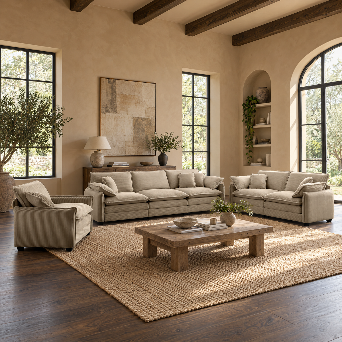 3 Piece Comfortable Oversized Tan Corduroy Deep Seater Sectional Sofa Set One Single One 2-Seater One 3-Seater for Living Room — as Pic Color