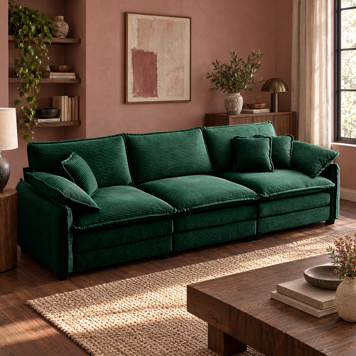 Mid for Century Modern 3-Seater Green Corduroy Sectional Sofa with 2 Arm and 3 Throw Pillows for Living Room — as Pic Color