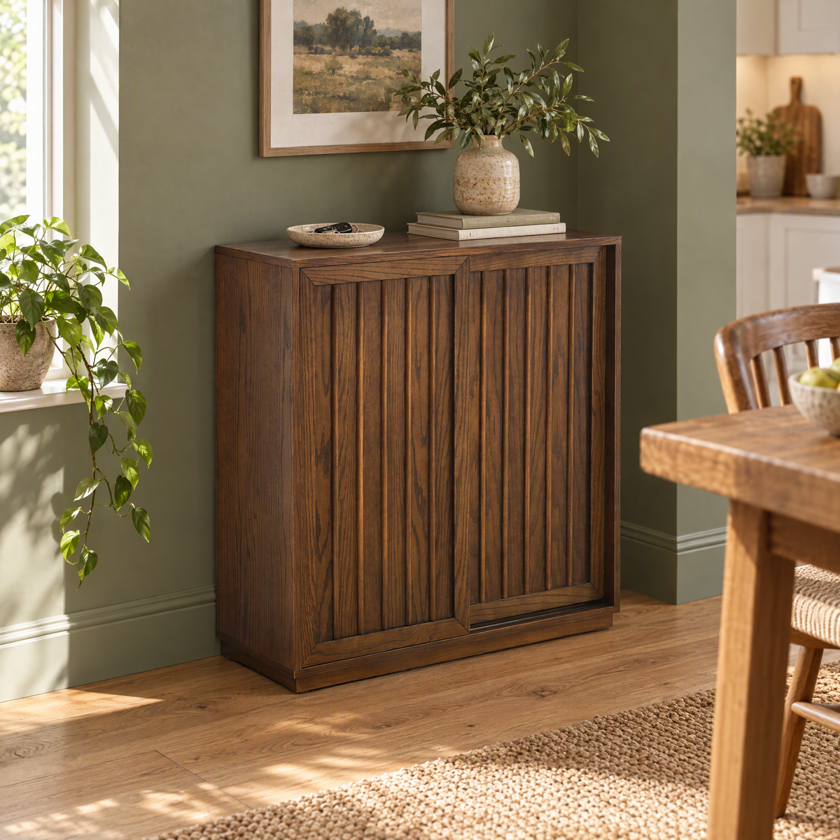 Mid Century Solid Wood Sideboard with 2 Sliding Doors & Decorative Strips for Storage in Living Kitchen or Dining Room — as Pic Color