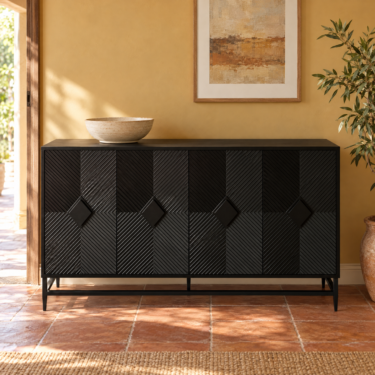Accent Modern Oak Storage Cabinet 4-Door Wooden Sideboard Buffet Server in Black Lacquer for Living Room Entryway — Matte Black