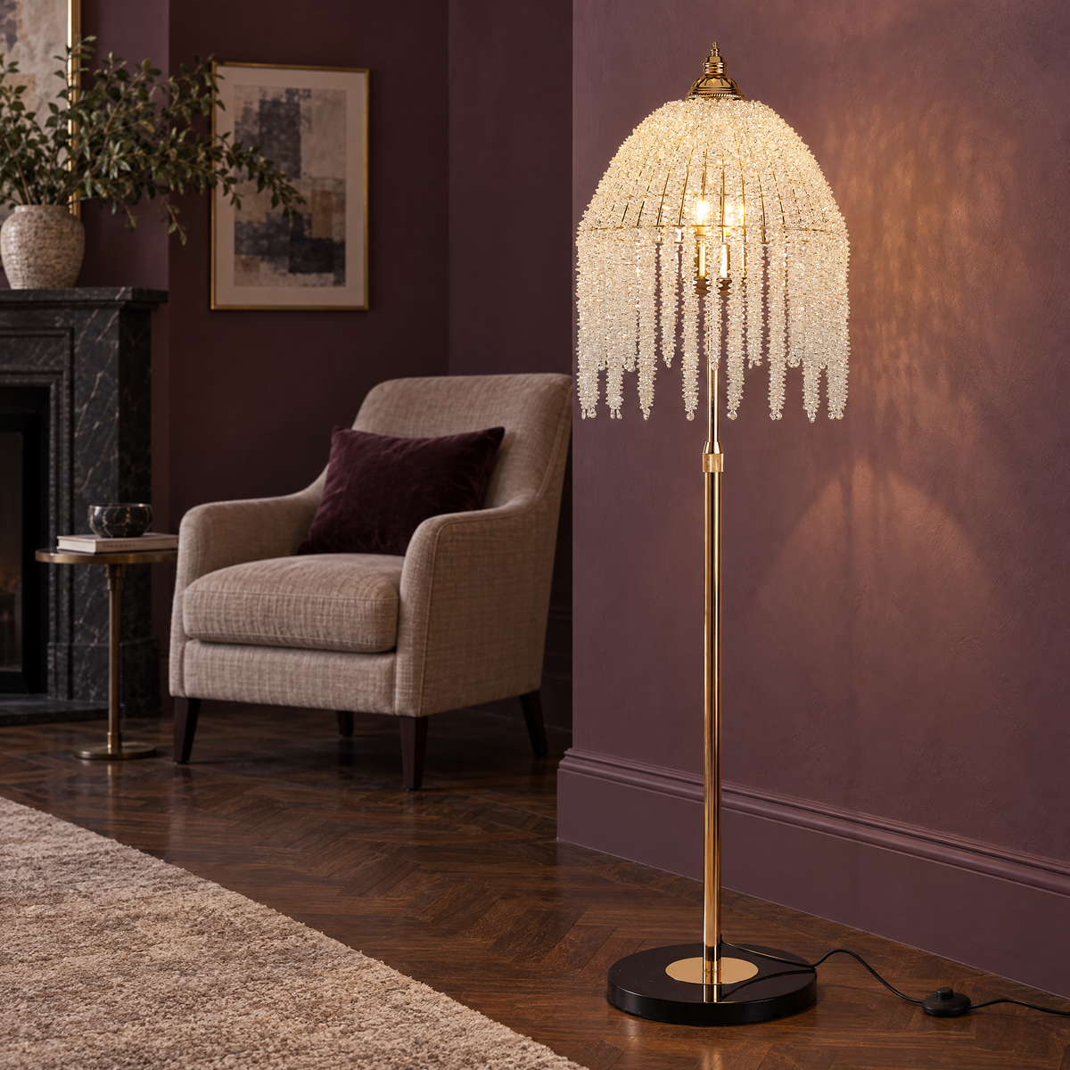 US Free Shipping Luxury Tassel Crystal Floor Lamp French Gold Adjustable Height Floor Light for Living Room Mahjong Lucky Light — Gold