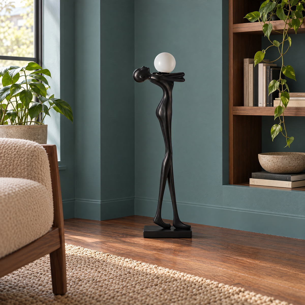 Modern Resin Human Shaped Floor Lamp, Ball Hugger Ornaments Art Sculpture Lamp for Home Decoration Room, Living Room,Coffee Shop — Black H75cm