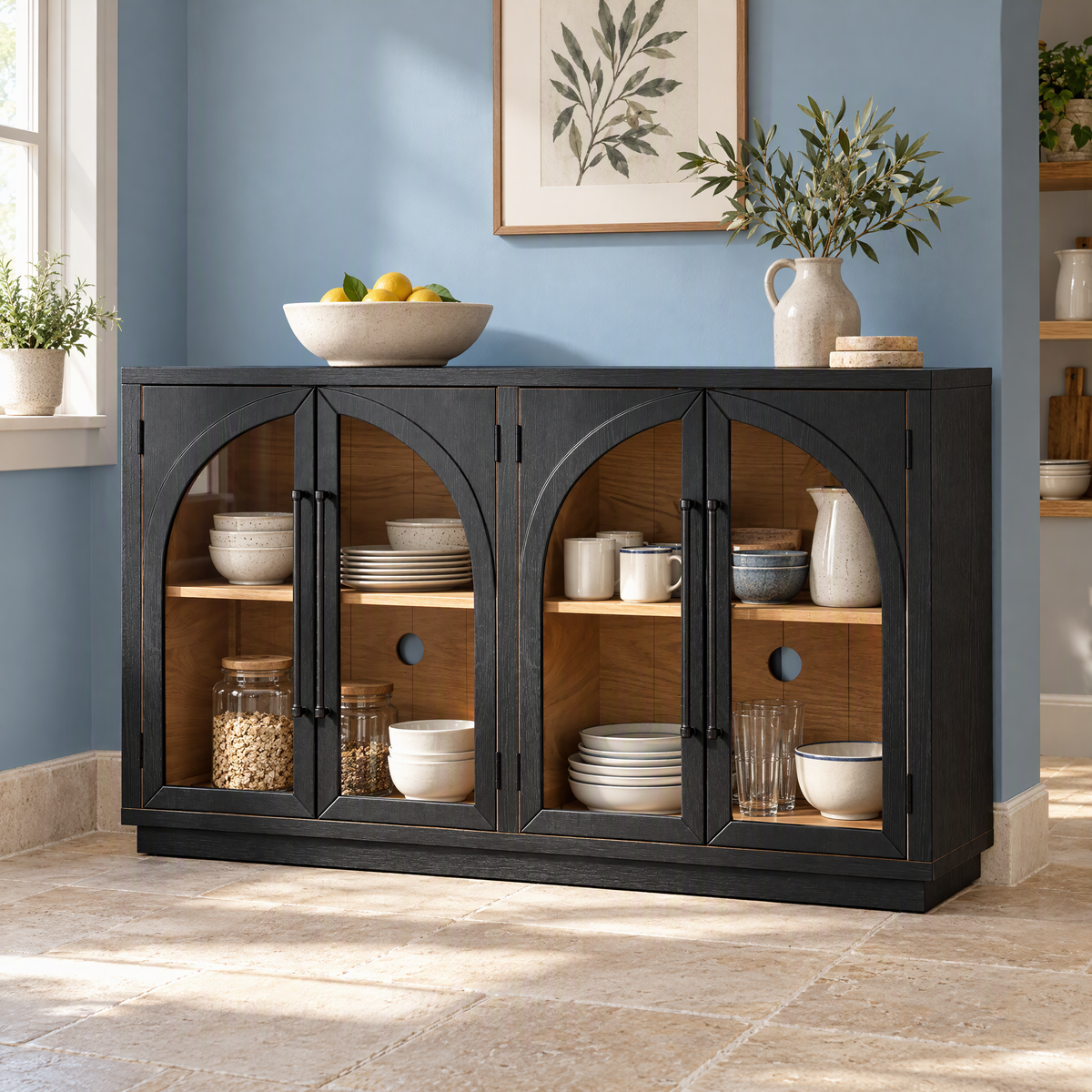 4-Door Large Storage Sideboard Buffet Cabinet with Glass Doors Arched Cabinet with Adjustable Shelves for Kitchen — Black+ Solid Wood+MDF