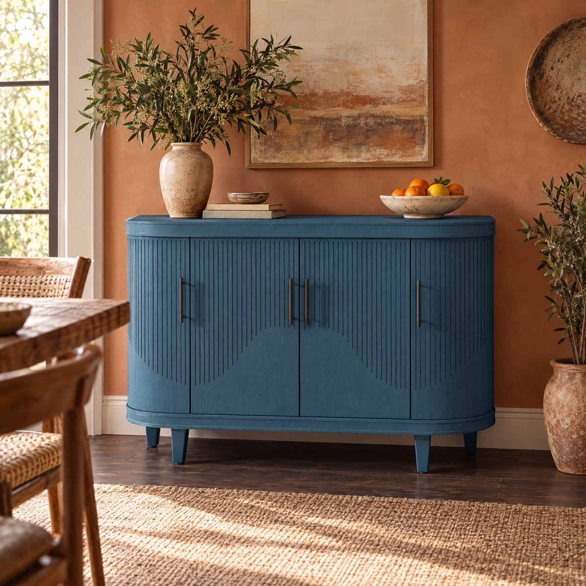 Modern 47.2 Inch Curved Sideboard Wooden Console Table Coffee Bar Cabinet 4 Adjustable Doors Decorative Storage Living Room — as Pic Color