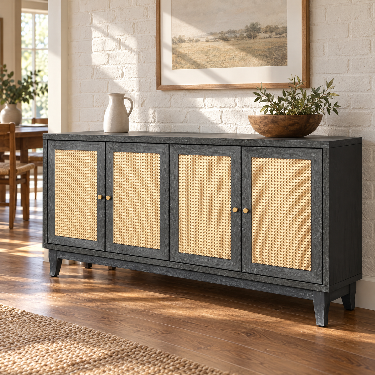 Handcrafted Premium Grain Panels Luxury Modern Storage Console Table Sideboard Cabinet 4 Rattan Doors Handcrafted Premium Grain — Antique Dark Grey