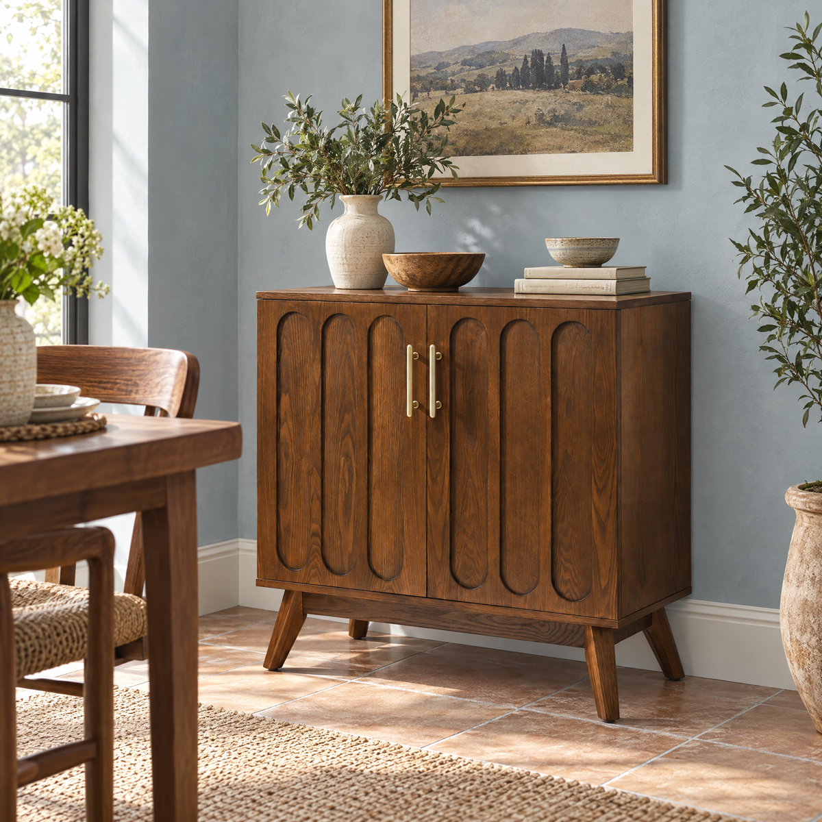 Mid Century Modern Fluted Sideboard Cabinet with Adjustable Shelves Solid Wood Legs Walnut Buffet Storage for Living Room — as Pic Color