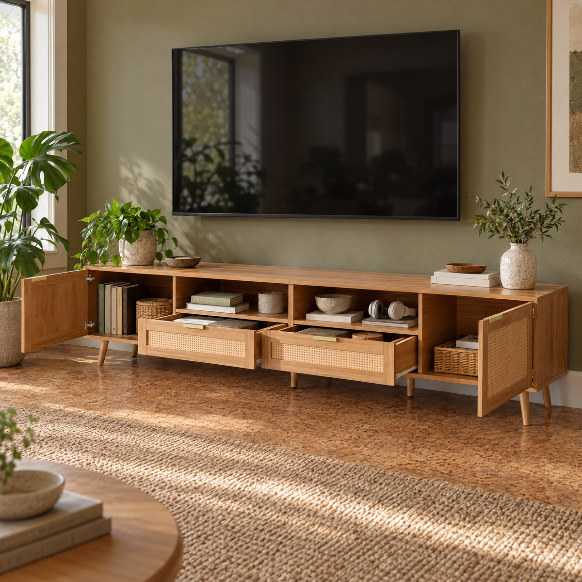 Wood TV Stand 65'' Modern Farmhouse Media Console Entertainment Center with Solid Wood Legs for Living Room Bedroom Dining — Brown