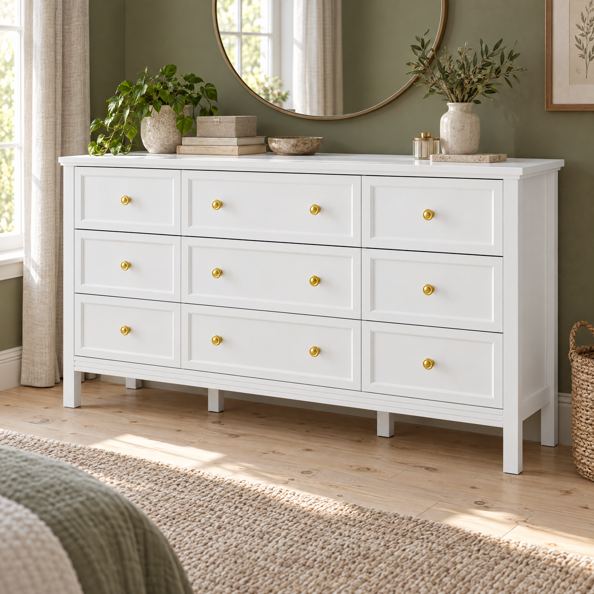 Modern 9-Drawer Dresser for Bedroom or Living Room Wood Storage Cabinet with Metal Handles Closet Organizer — White Color
