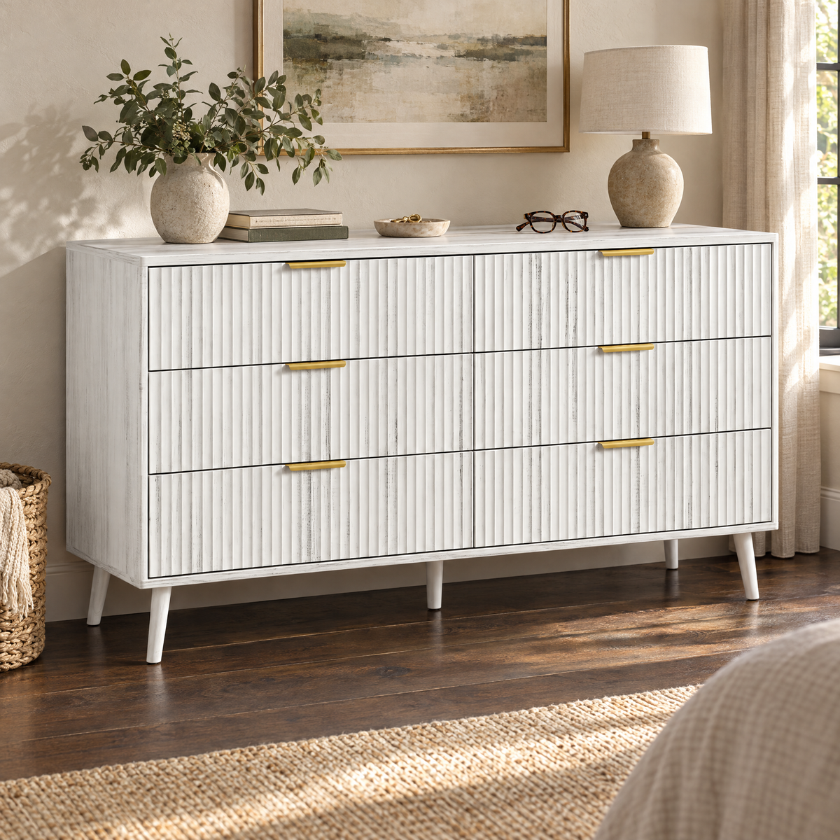 Modern 6-Drawer Dresser for Bedroom or Living Room Wood Storage Cabinet with Metal Handles Closet Organizer — White Color