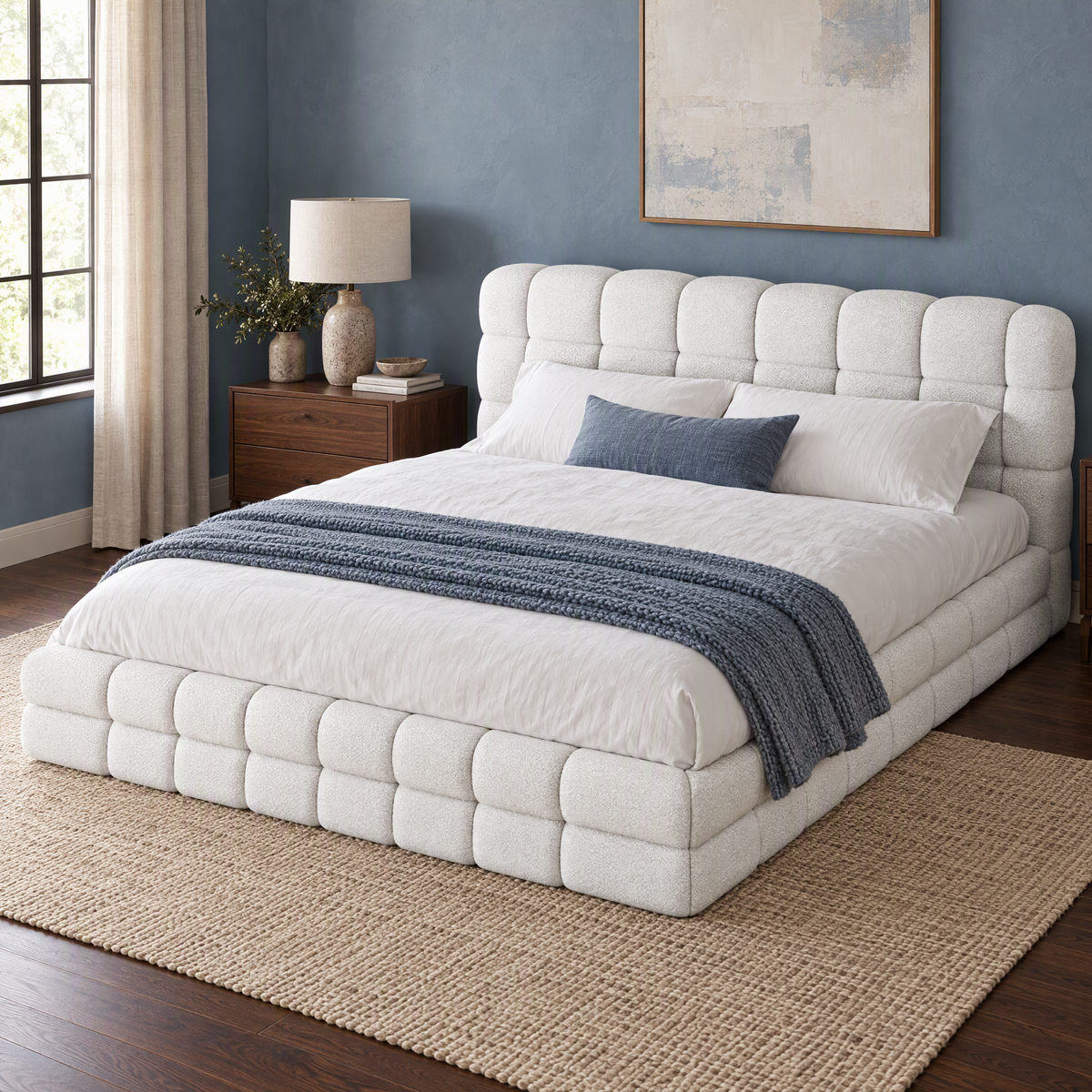 Queen Size Modern Upholstered Platform Bed with Solid Wood Frame Velvet Upholstery White — White