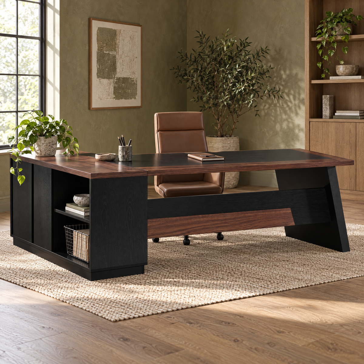 L-Shaped Executive Desk, 78" Modern Office Desk with Drawers and Lateral File Cabinet, Large Computer Desk with Storage Shelve — Walnut & Black