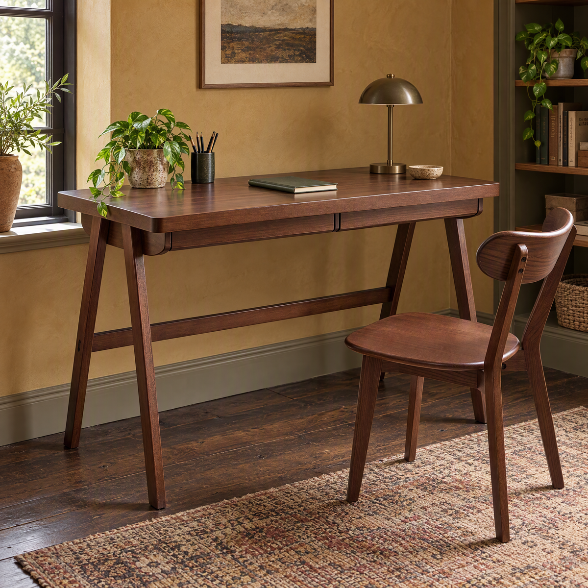Solid Rubber Wood Computer Desk Retro Walnut Writing Desk With Drawer A Frame Leg 47.24 X 21.65 Inches Sturdy Design — Walnut