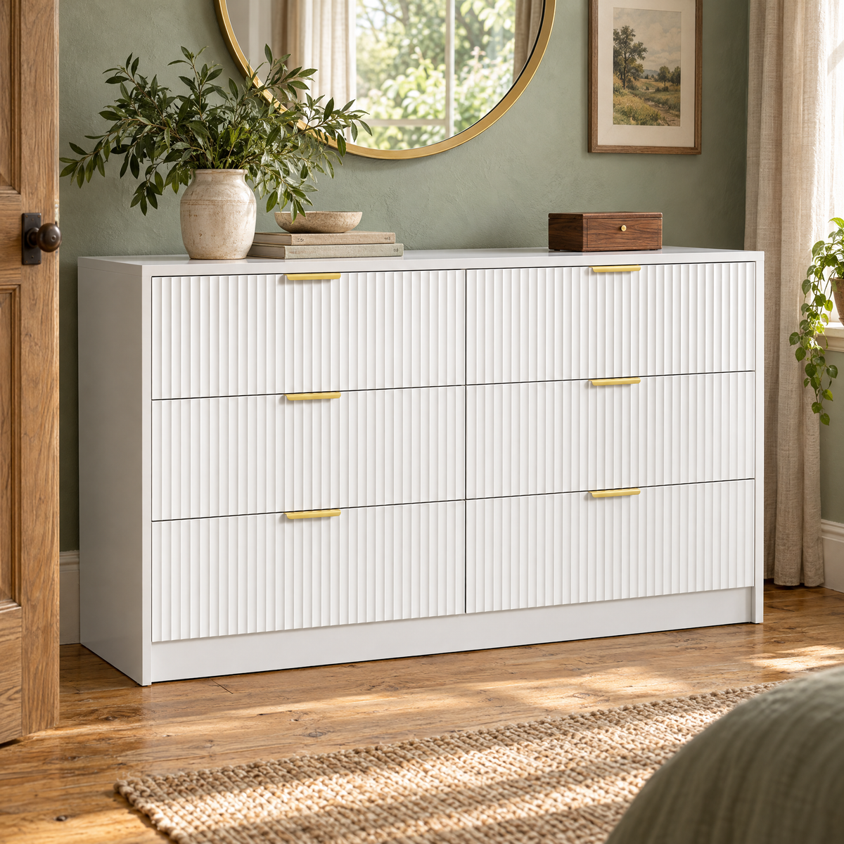 Modern 6-Drawer Dresser for Bedroom or Living Room Wood Storage Cabinet with Metal Handles Closet Organizer — White Color