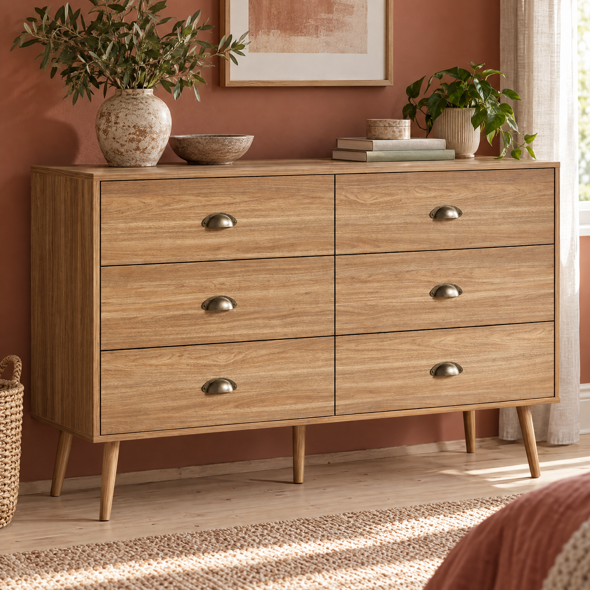 Contemporary 6-Drawer Oak Dresser for Bedroom Brown Storage Cabinet with Metal Handles — Oak Color