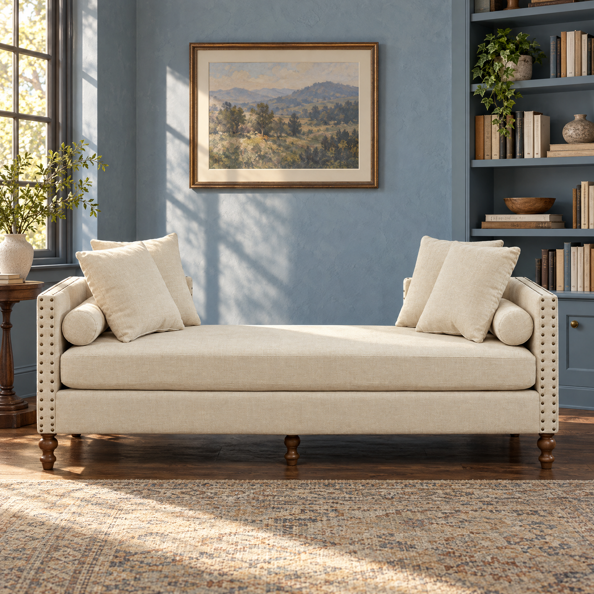 M Modern Wooden Sofa Bench Chenille Upholstered Sleeper Indoor Lounge Rubberwood Legs Chaise for Bedroom Living Room — Beige