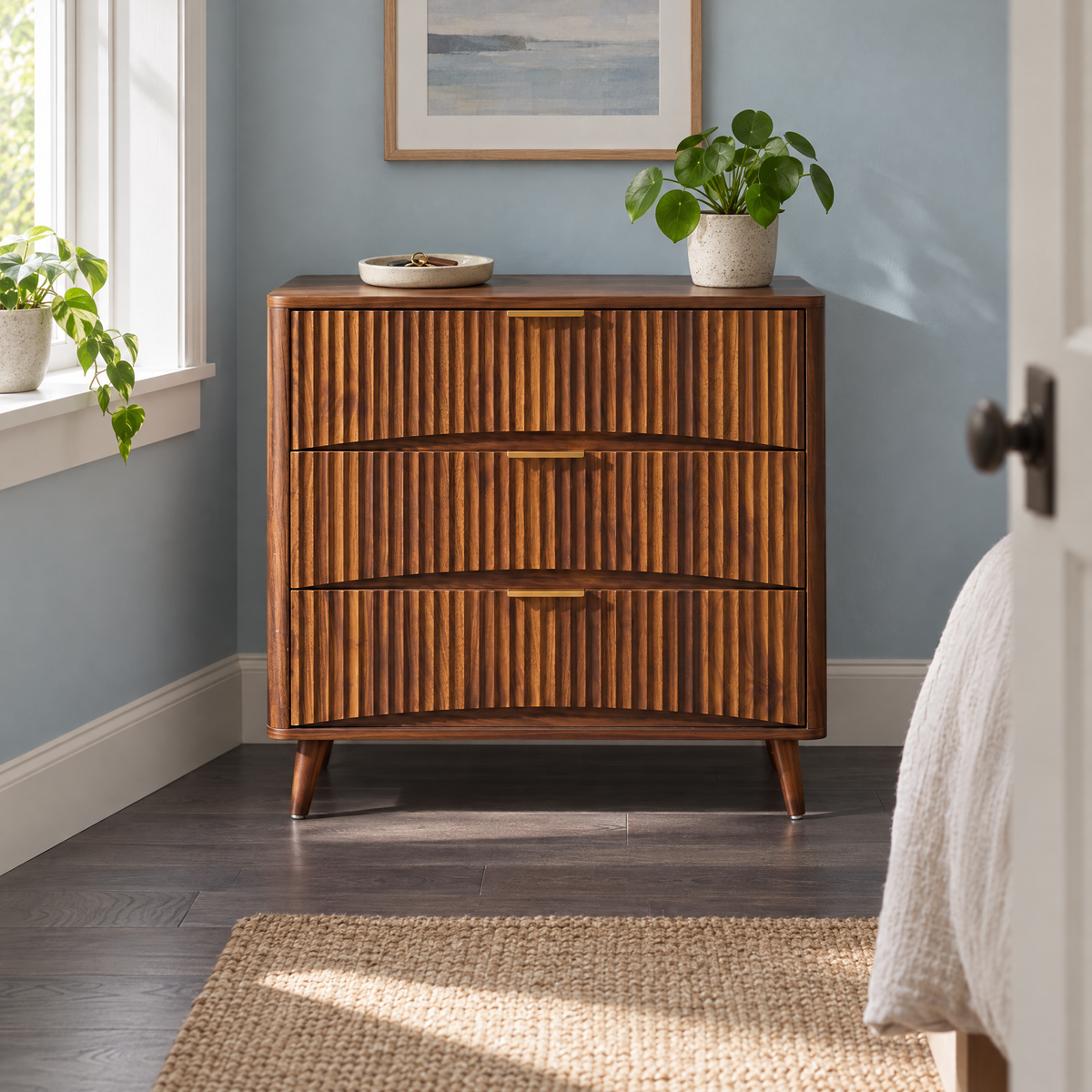 Fluted 3 Drawer Dresser Mid Century Modern Tall Chest Solid Wood Storage Cabinet Vertical Grooved Design — Walnut
