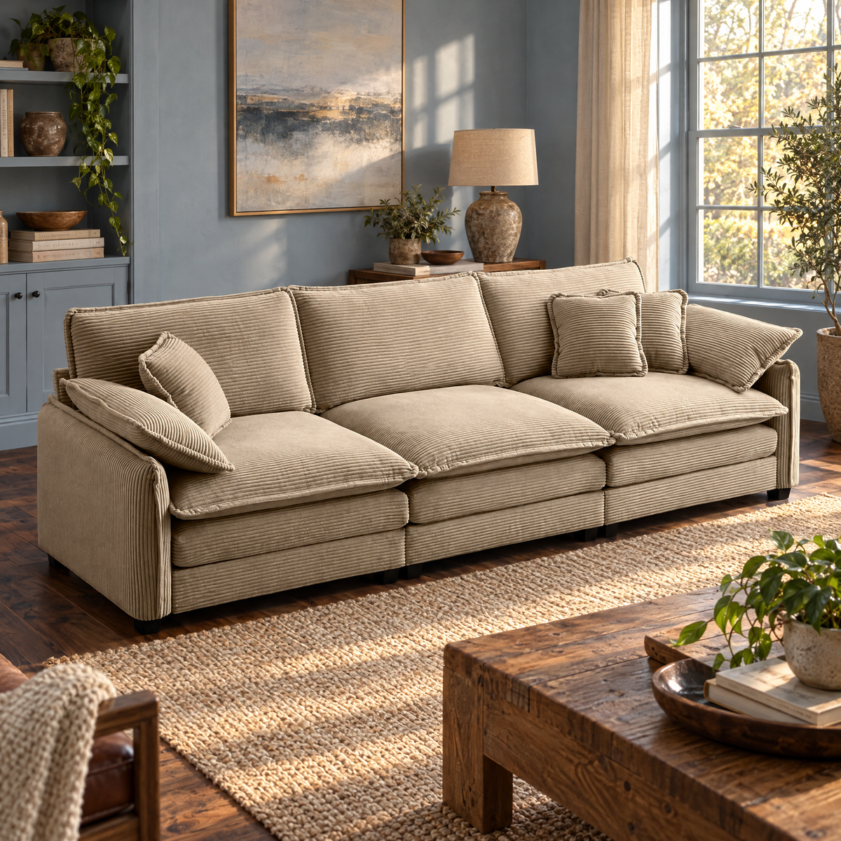 Mid for Century Modern 3-Seater Sectional Sofa Tan Corduroy Fabric with 2 Arm and 3 Throw Pillows for Living Room — as Pic Color