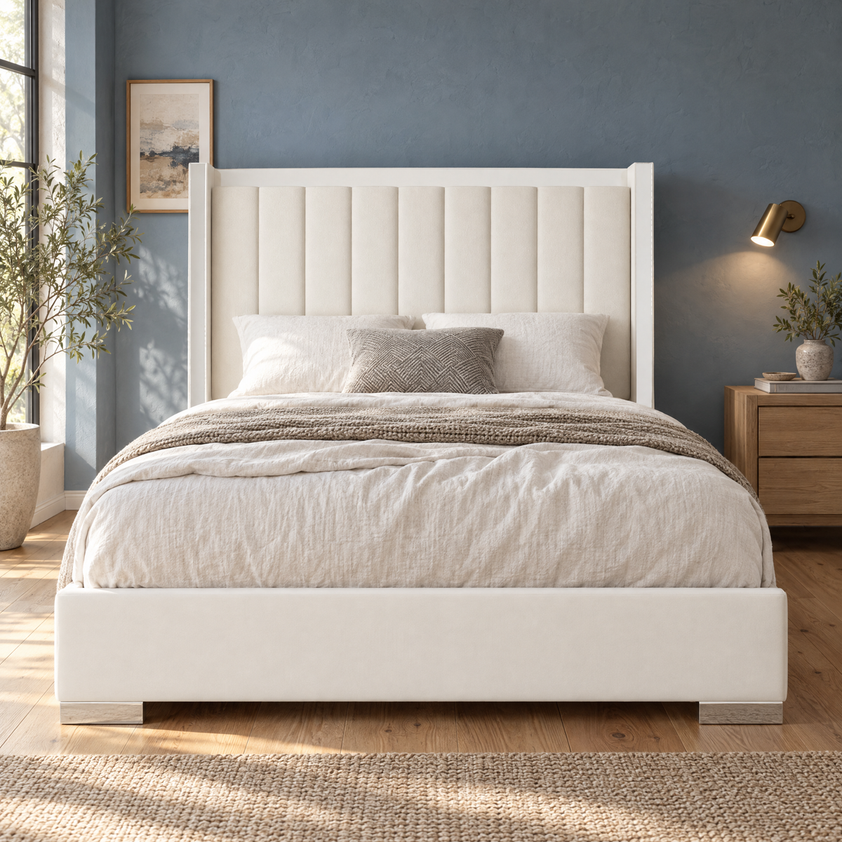 Contemporary Black Platform Bed with Padded Headboard Stainless Steel Legs King Size for Master Suite — Rice White