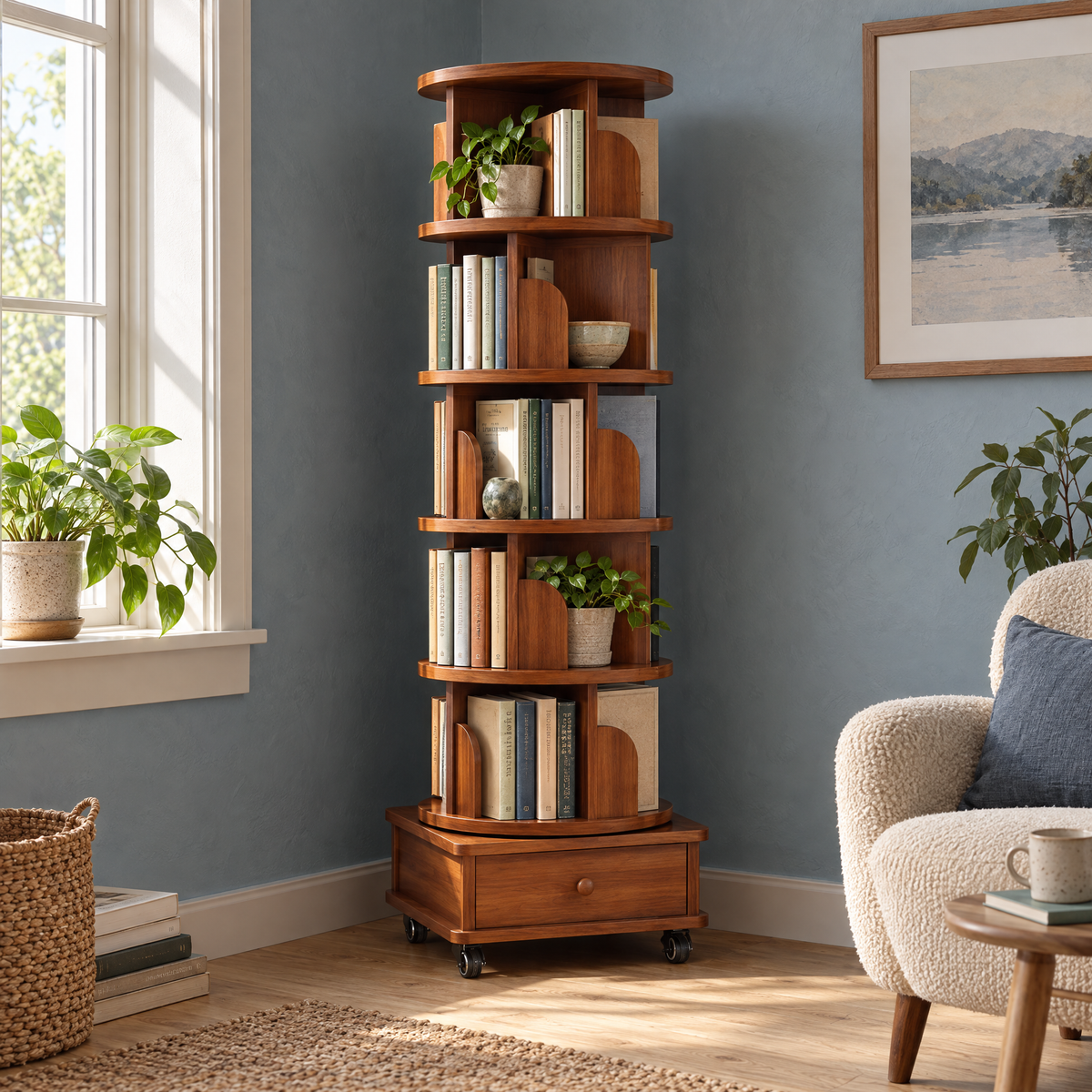 Modern Wood Corner Bookshelf 6 Tier Rotating Storage Rack With Wheels Walnut Brown Living Room Furniture Freestanding Shelf — as Pic Color
