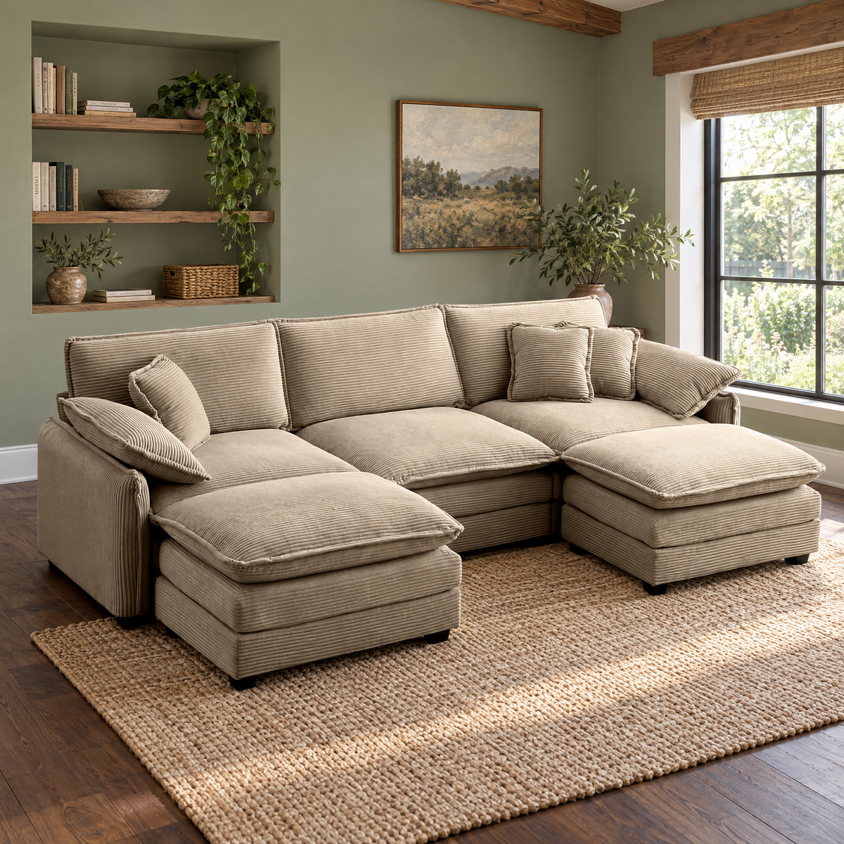 Oversized Camel Corduroy Fabric Modular Cushioned 3-Seater U-Shape Sofa with Convertible Ottomans 2 Footstools for Living Room — as Pic Color