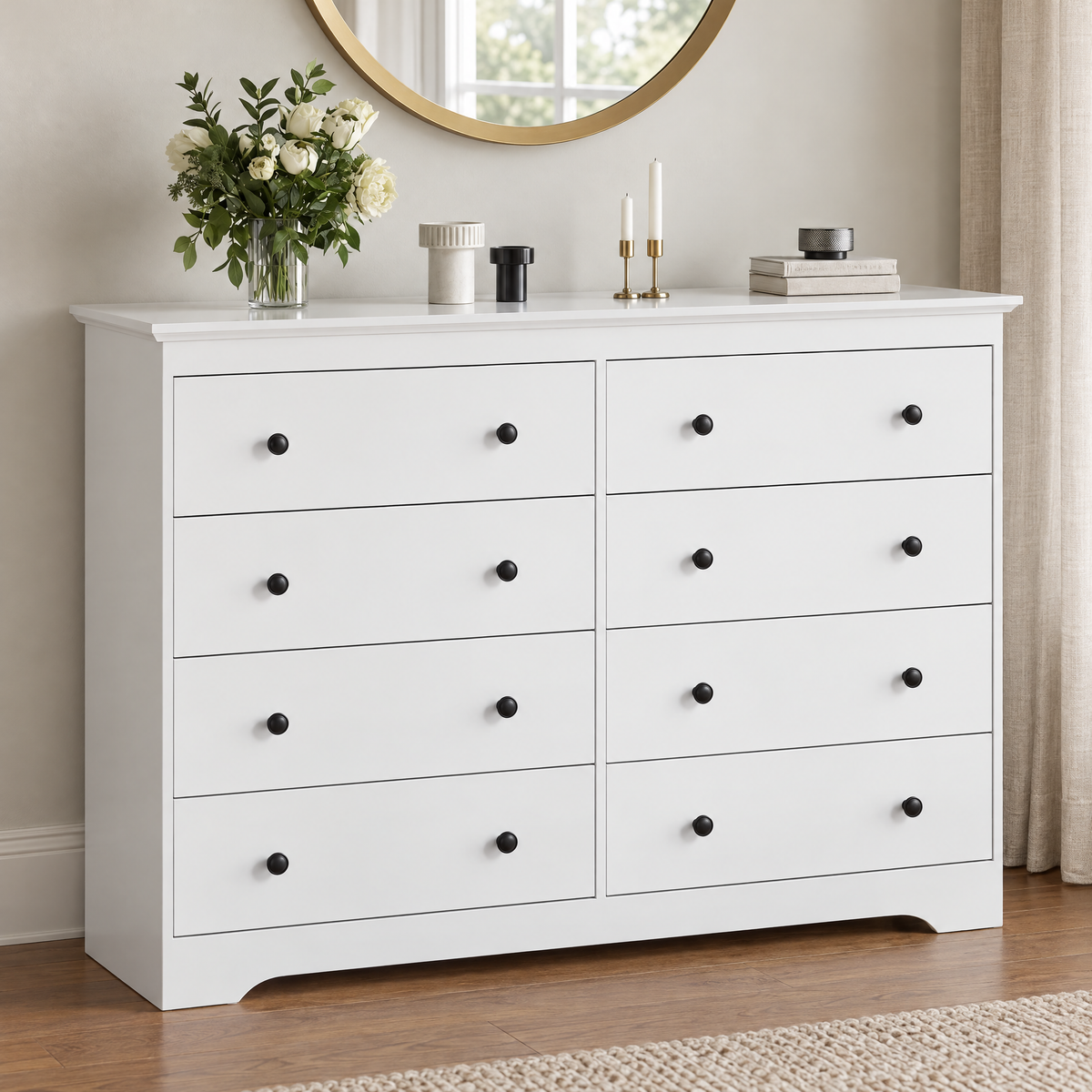 White eight-drawer dresser with dark round knobs