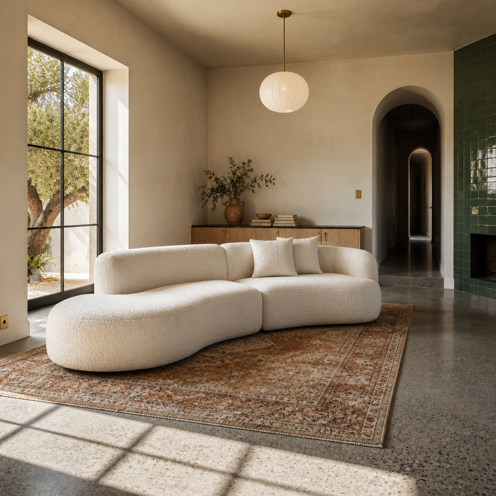 Wide view of the Formia boucle sectional in an open plan room with oak joinery and an arched opening