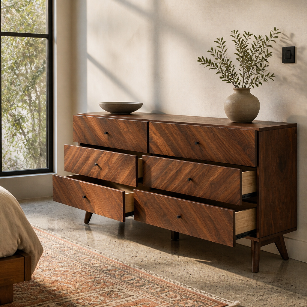 The Hartman dresser with drawers open showing the drawer boxes and interior timber