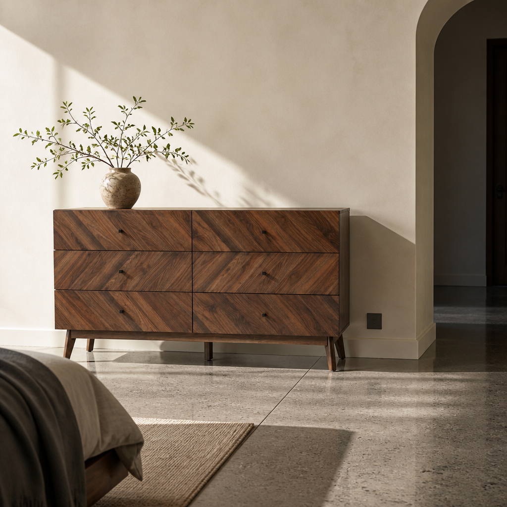 Side view of the Hartman dresser showing the case depth and splayed tapered legs