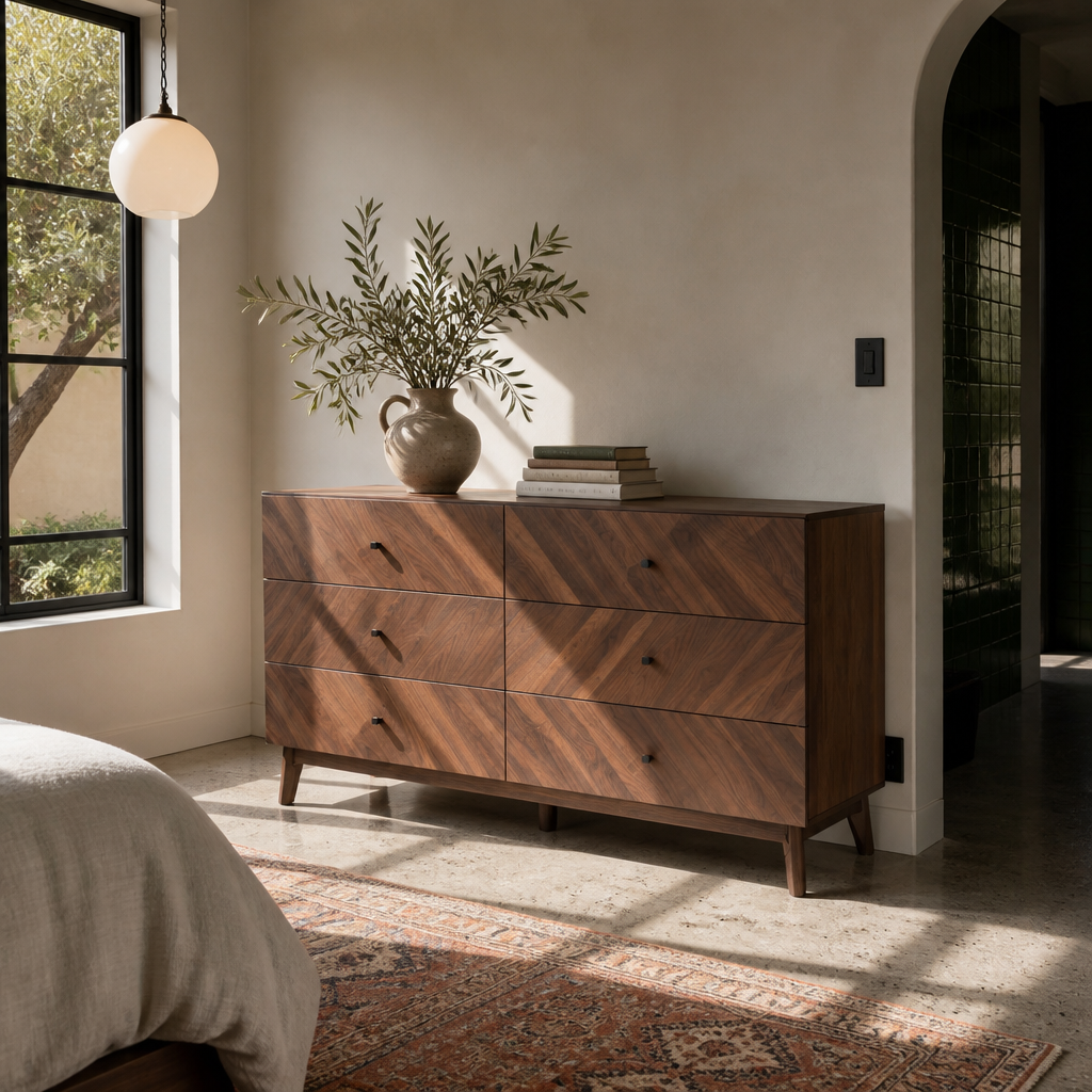 Hartman six drawer walnut dresser in a sunlit modern bedroom with concrete floors