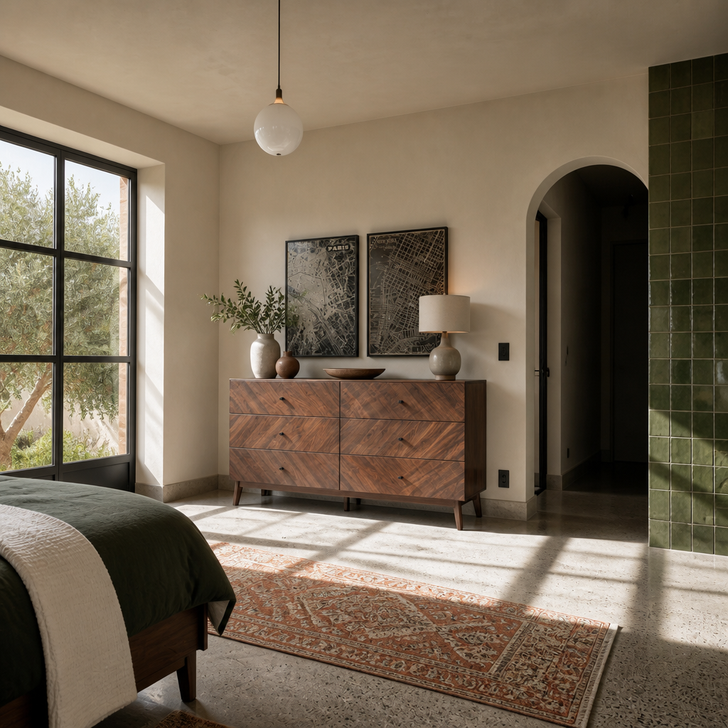 Wide view of the Hartman dresser in a bedroom with an arched opening and zellige tile