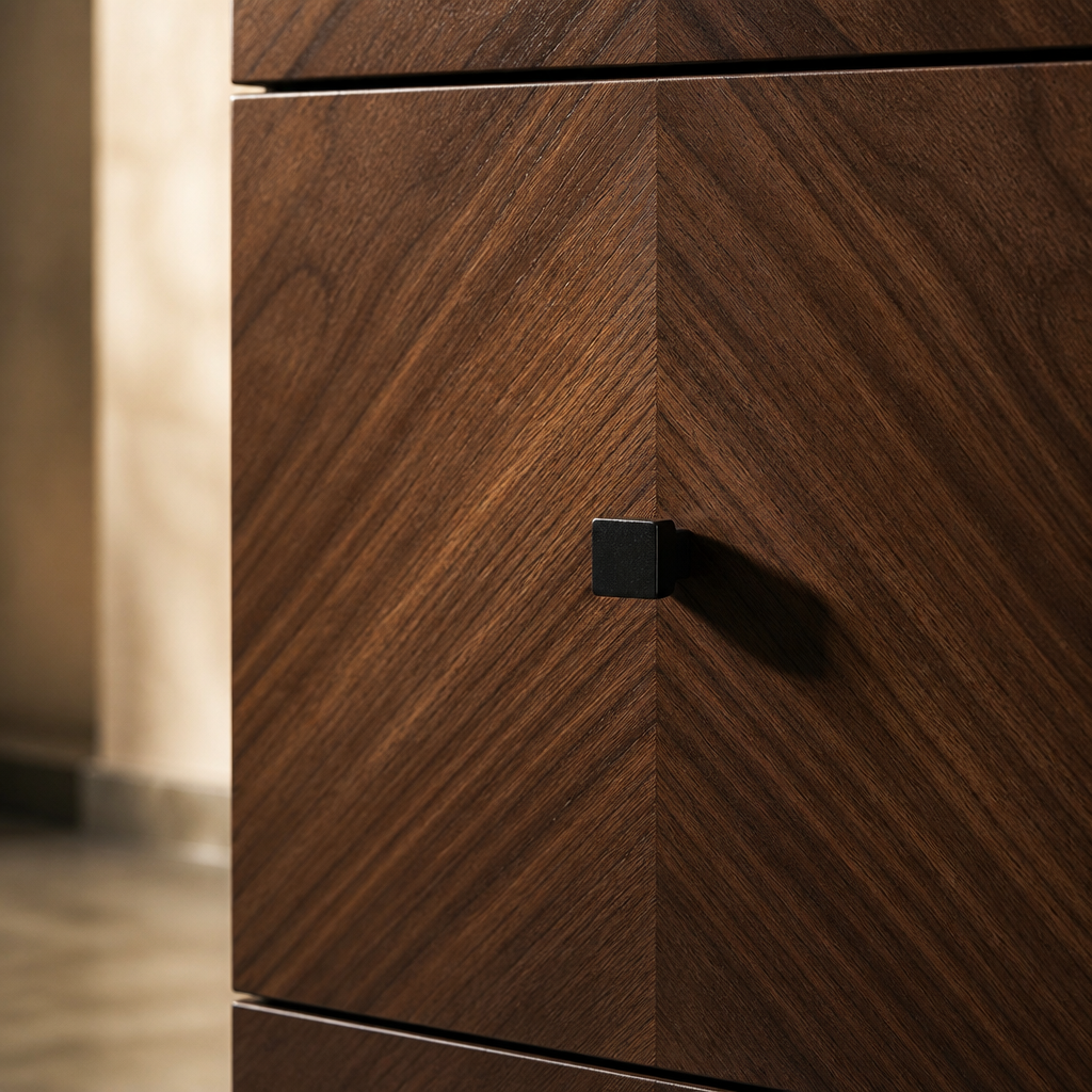 Close detail of the bookmatched chevron walnut veneer and black square drawer pull