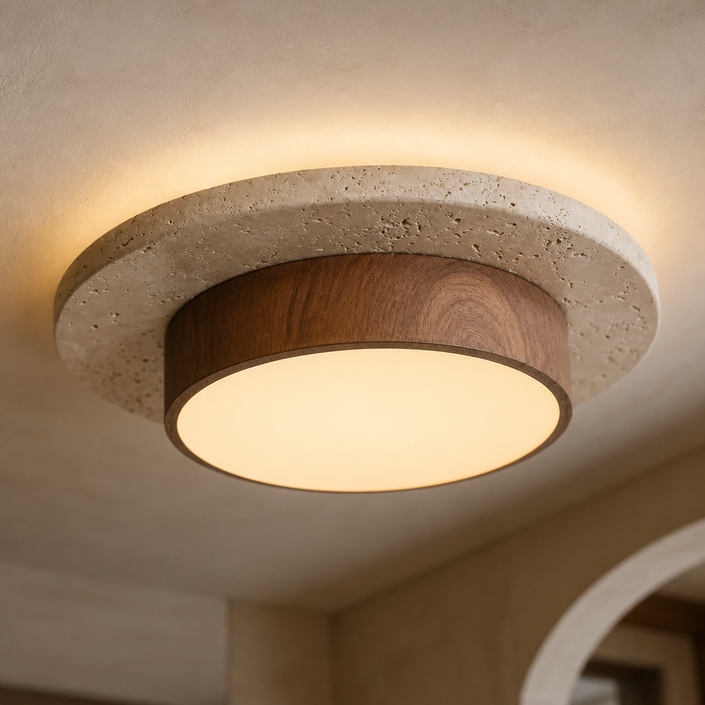 Close view of the Yellowstone light showing the travertine ring, walnut band and opal diffuser
