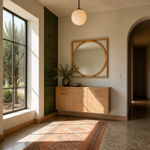 Wide view of the Bayan rattan mirror in an entryway with concrete floors and an arched opening