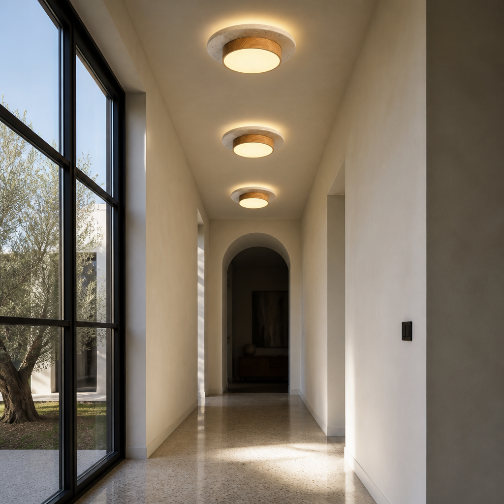 Three Yellowstone flush mount lights in a row along a modern hallway ceiling