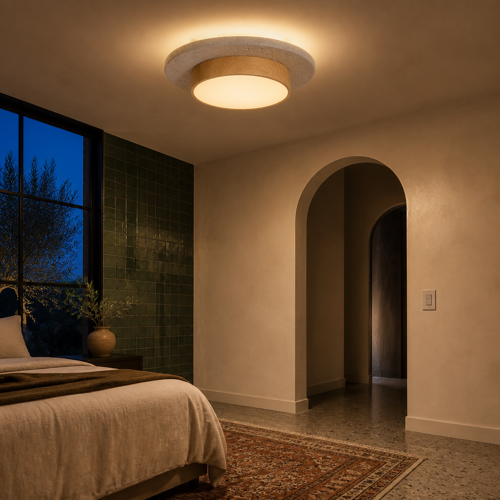 The Yellowstone flush mount lighting a modern bedroom at dusk