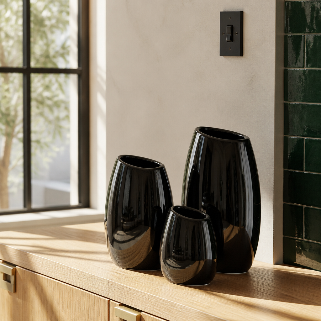 Set of three glossy black ceramic vases on white oak joinery in a sunlit modern room