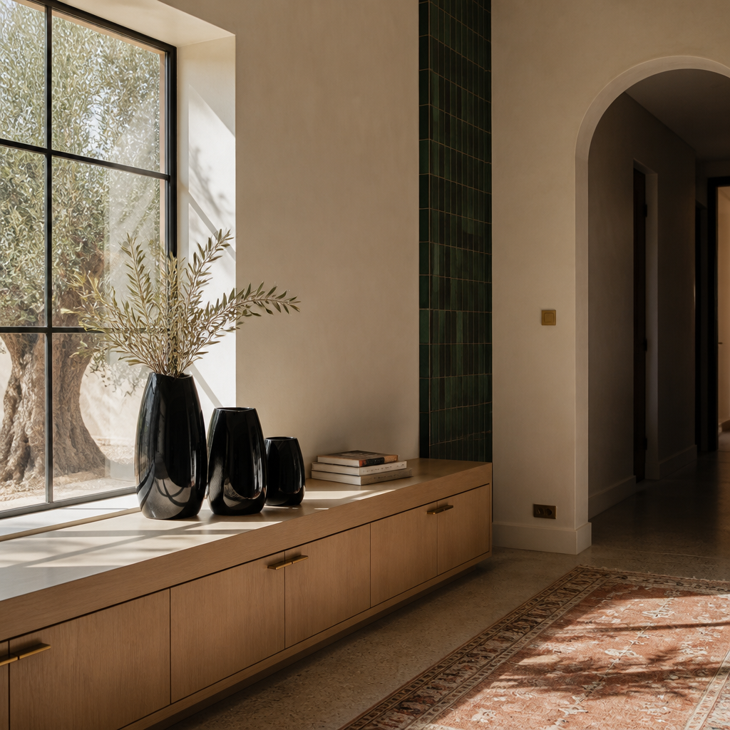 The black ceramic vase set styled on a console with olive branches in a modern living room