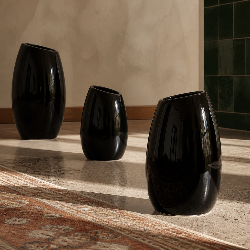 The three black vases arranged apart showing their graduated heights against a plaster wall