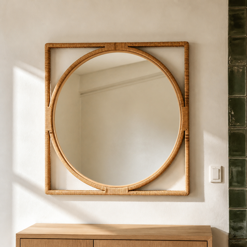Bayan square rattan framed round wall mirror shown in full on a plaster wall