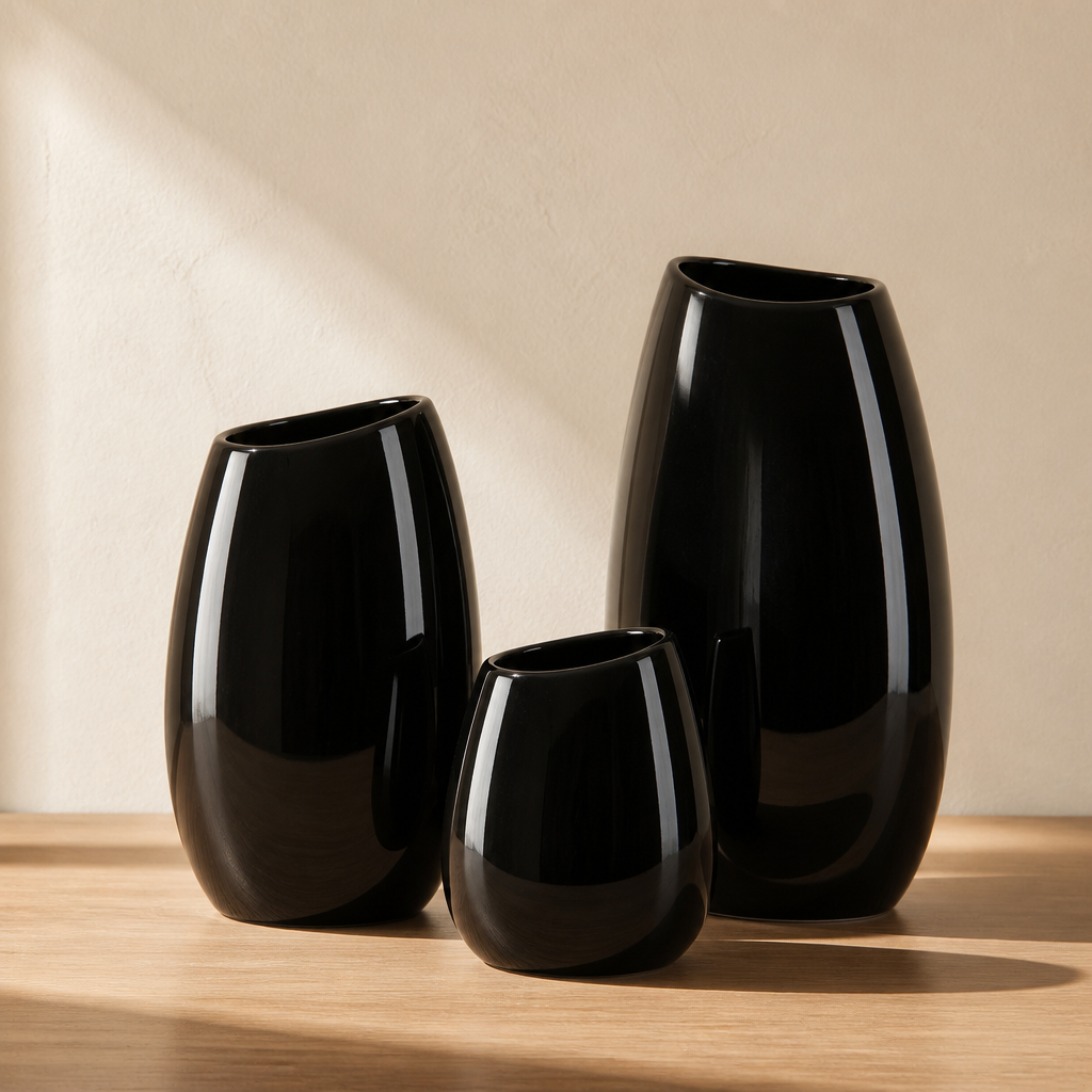 Set of three glossy black ceramic vases shown together in full on white oak