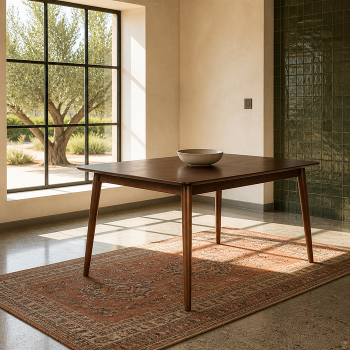 Zinus espresso walnut dining table shown in full in a sunlit modern dining room