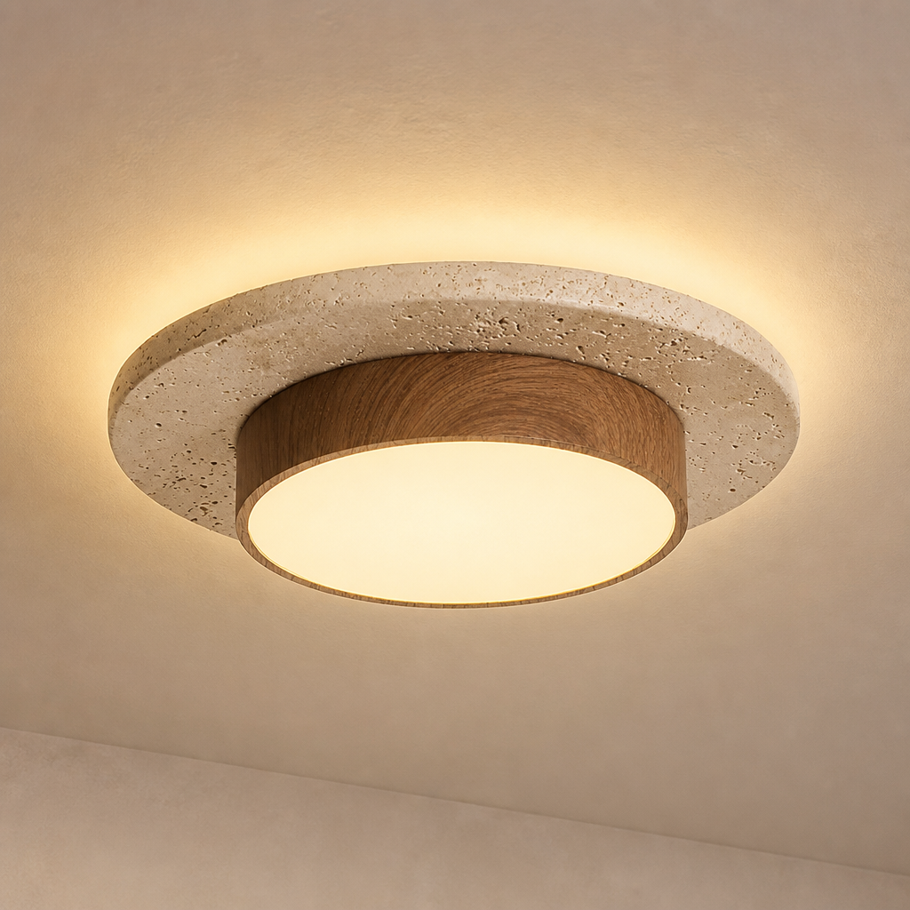 Yellowstone travertine and walnut flush mount ceiling light shown close and in full