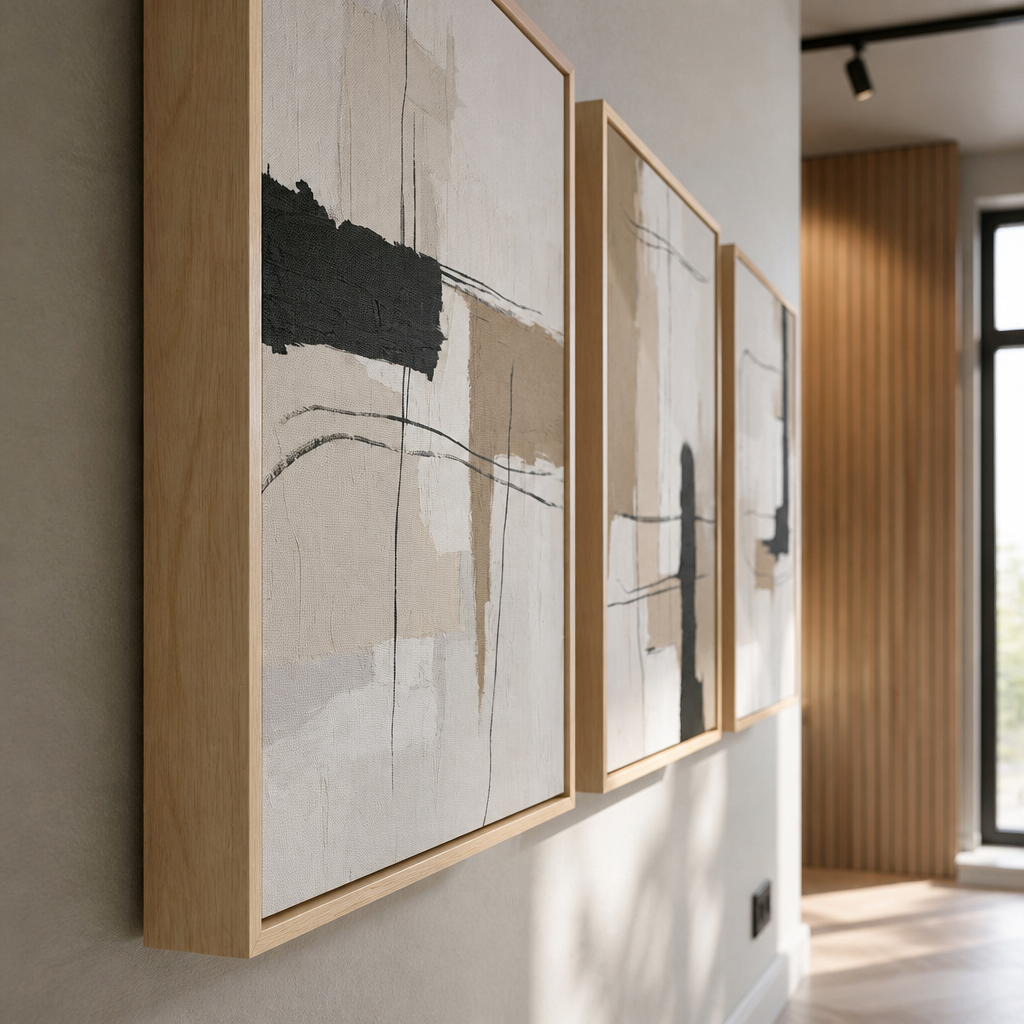 Close view of the pale solid wood floater frame corner, mitre joint and canvas shadow reveal