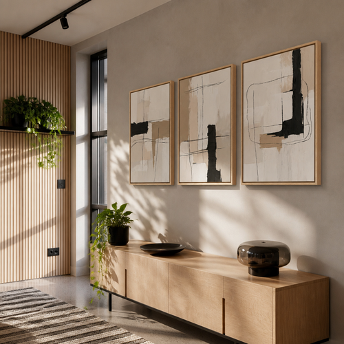 Three framed abstract prints above a low light oak console beside a backlit white oak slat wall