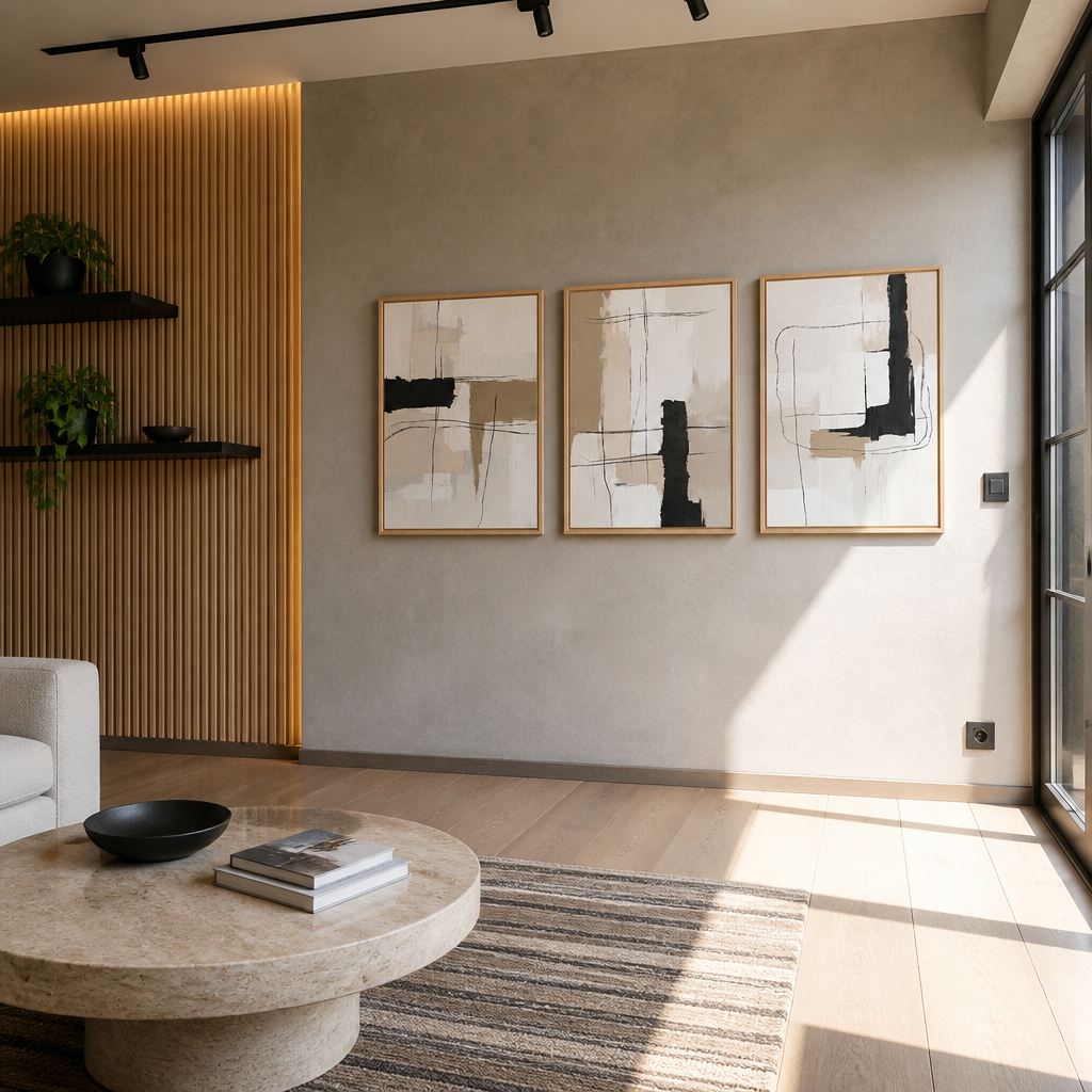 Wide room view of the three panel abstract wall art set above a light oak plank floor