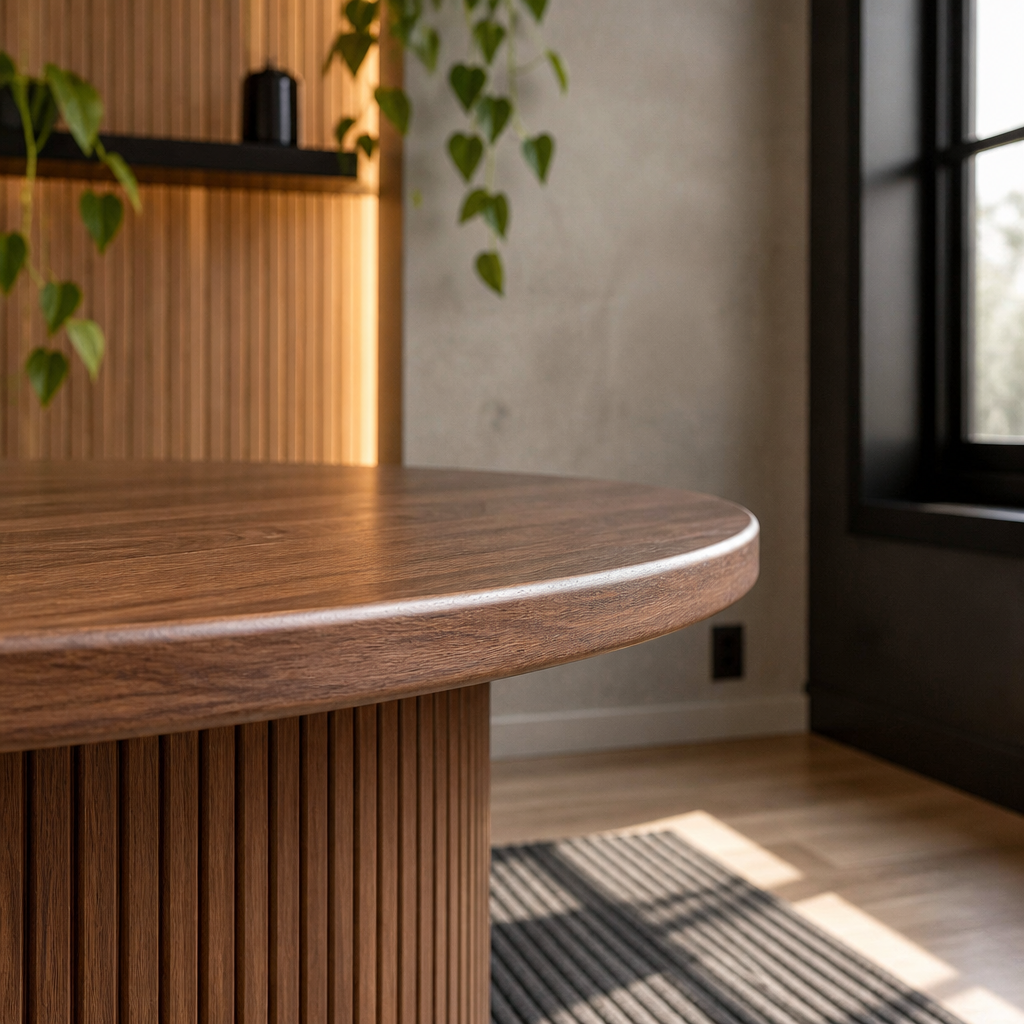 Macro of the eased walnut edge and satin grain on the coffee table top