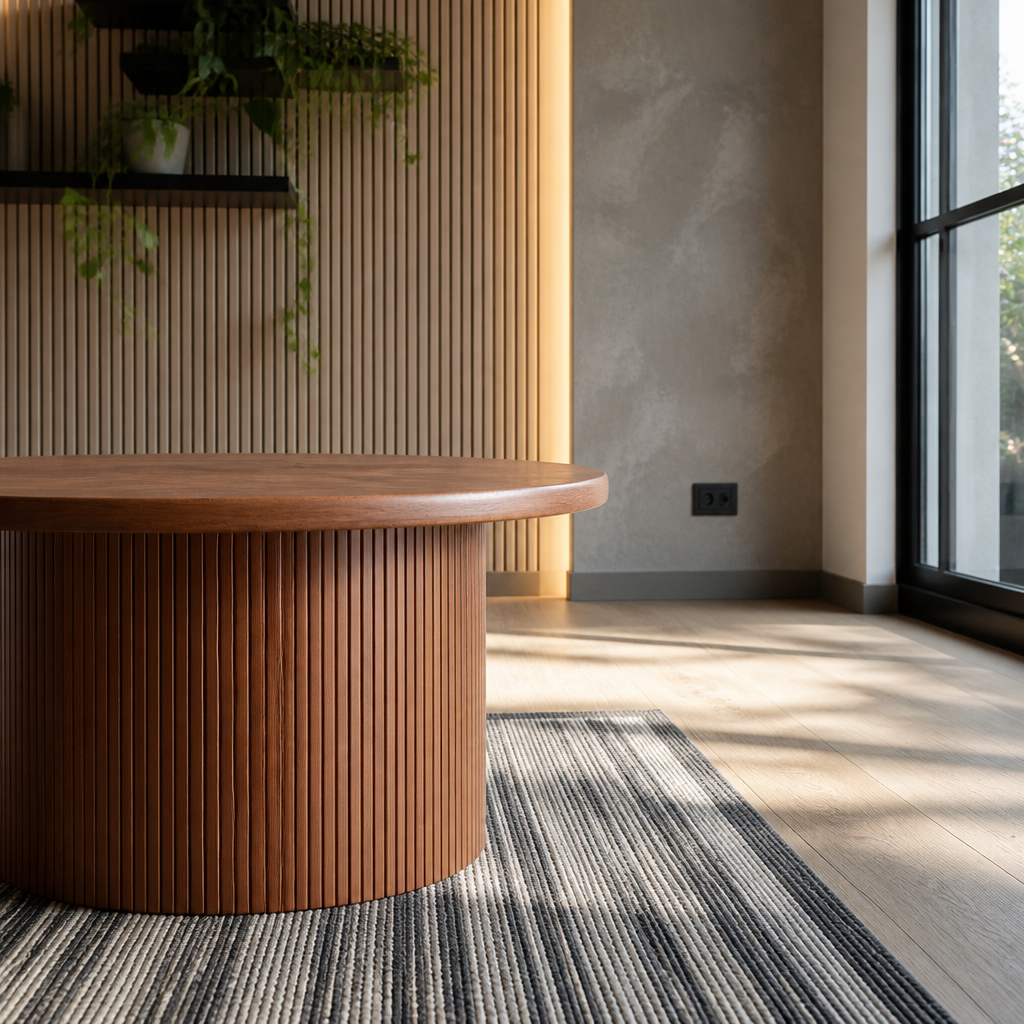 Low angle on the fluted cylindrical pedestal of the walnut coffee table